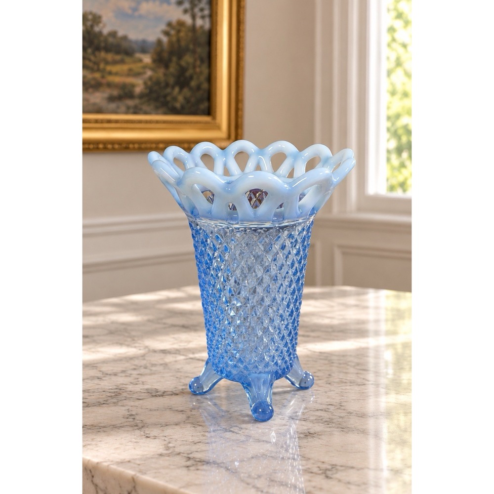 Vintage Imperial Glass Katy Blue Opalescent Lace Edge Diamond Footed Vase 5.25"
